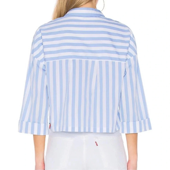Kule the Keaton stripe  3/4 sleeve cropped shirt in white and sky - Picture 4 of 7